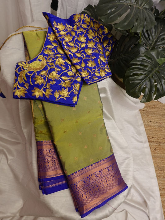 Olive Green Fancy Semi Silk Saree With Stitched Work Blouse