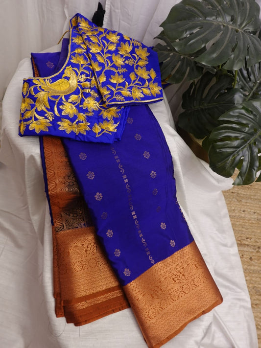 Royal Blue Fancy Semi Silk Saree With Stitched Work Blouse