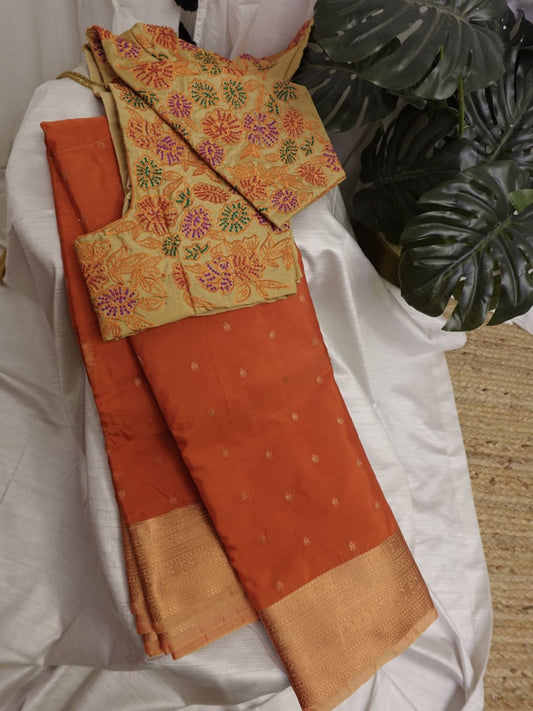 Light Orange Fancy Semi Silk Saree With Stitched Work Blouse