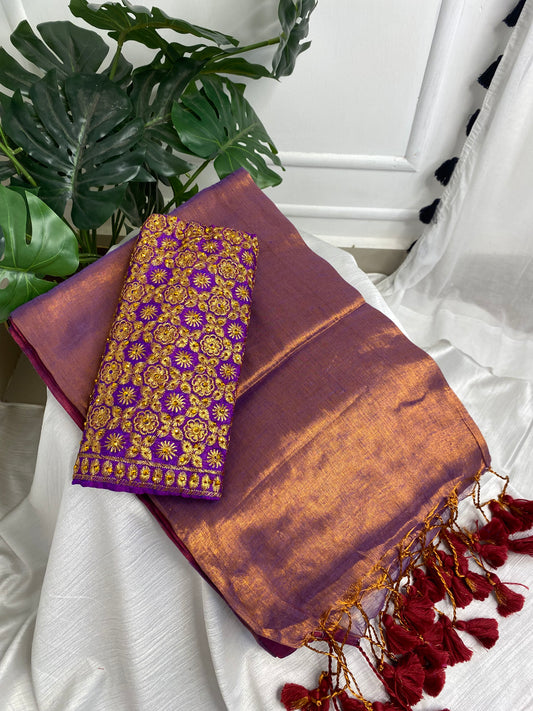 Light Purple Plain Tissue Saree Combo With Work Blouse.