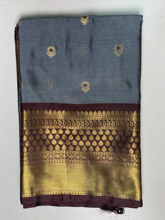 Grey with Brown  Banarasi Soft Silk Saree