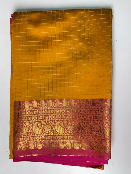 Yellow with Pink Banarasi Soft Silk Saree