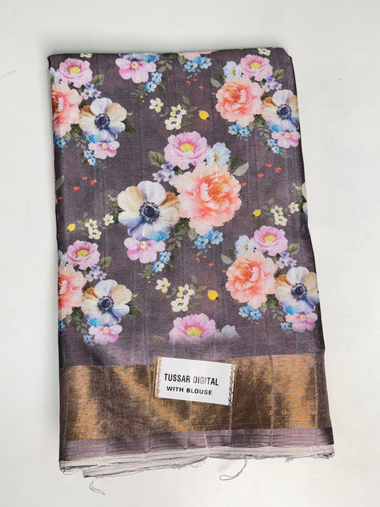 Grey Tussar Digital Printed Saree