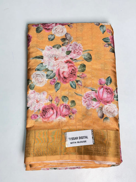 Yellow Tussar Digital Printed Saree