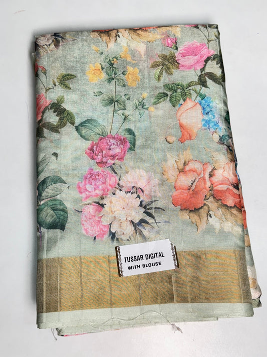 Pastel green Tussar Digital Printed Saree