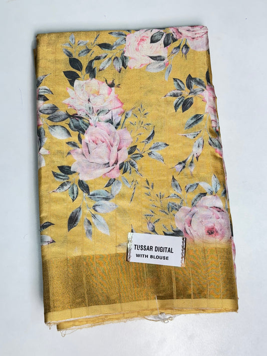 Yellow Tussar Digital Printed Saree