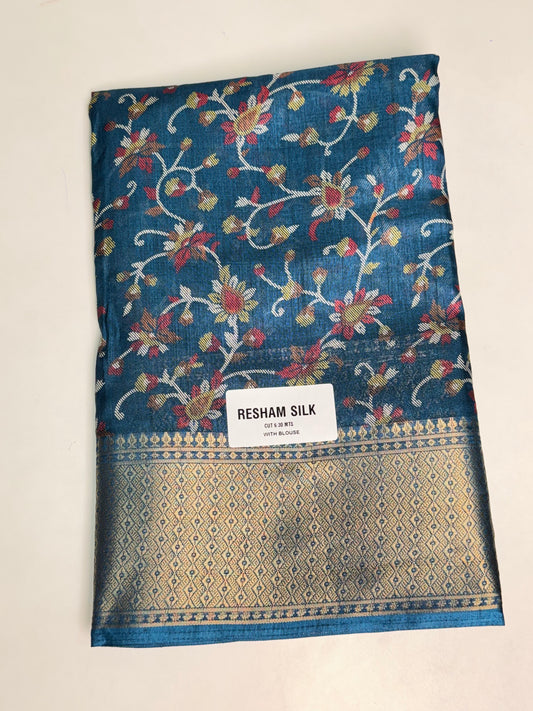 Teal Blue Resham Silk Printed Saree