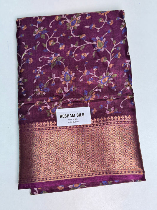 Purple Resham Silk Printed Saree