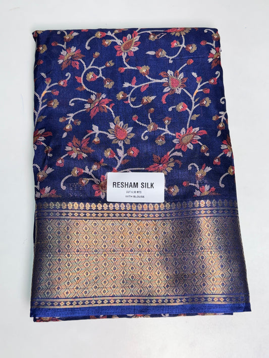 Blue Resham Silk Printed Saree