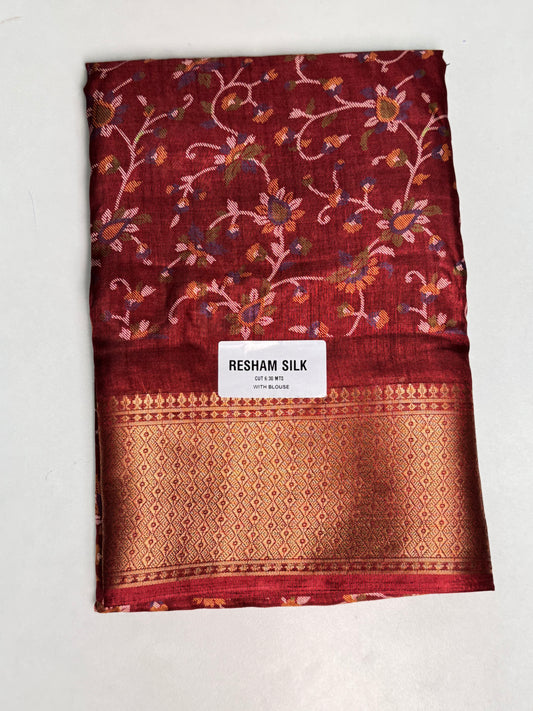 Maroon Resham Silk Printed Saree