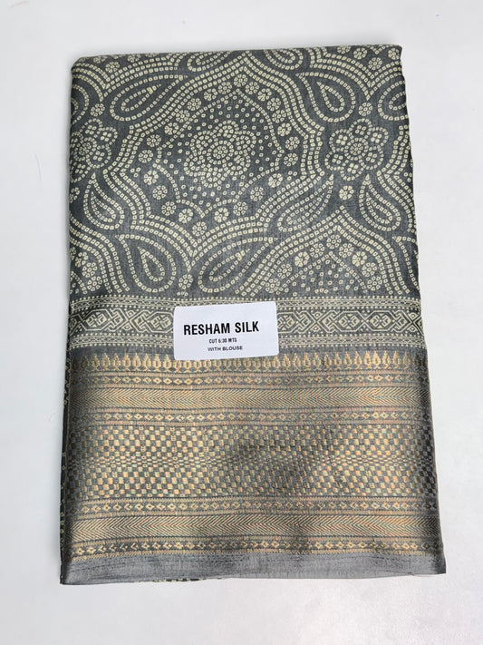 Grey Resham Silk Bandhani Printed Saree