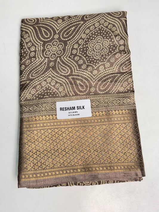 Grey Resham Silk Bandhani Printed Saree