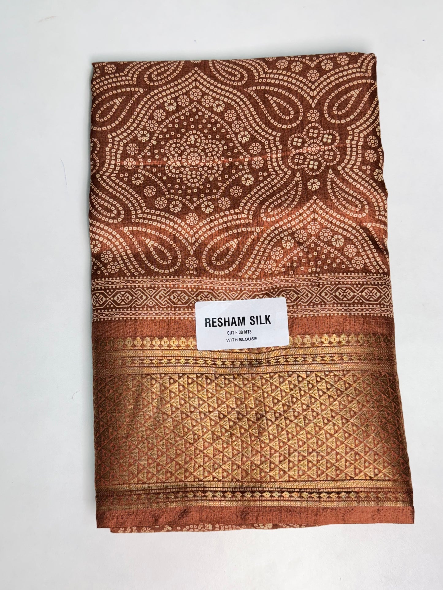 Brown Resham Silk Bandhani Printed Saree
