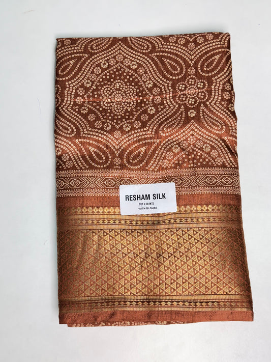 Brown Resham Silk Bandhani Printed Saree