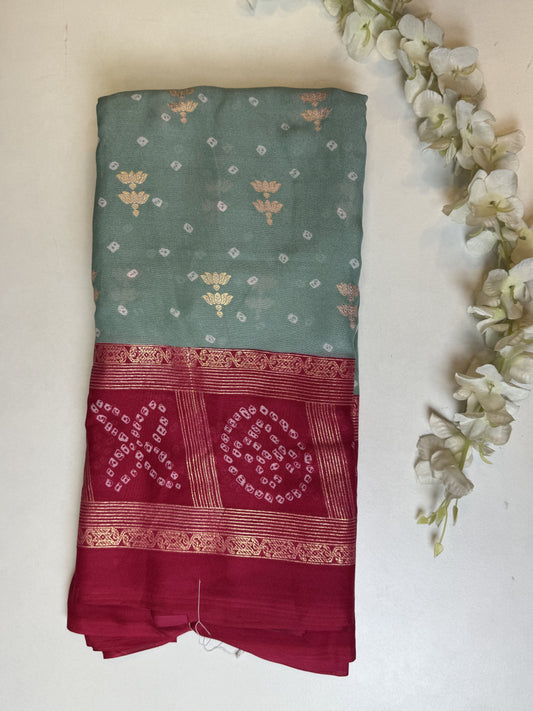 SeaGreen with Pink Foil Print Chiffon Saree