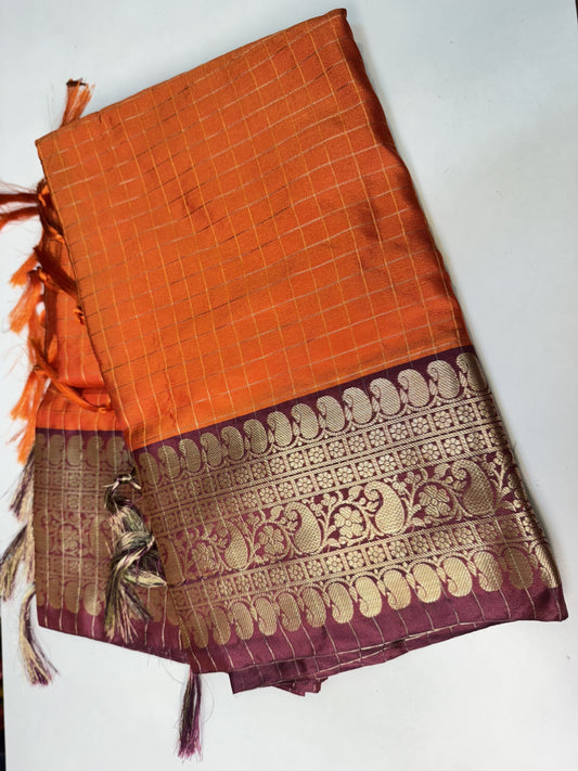 Orange with Brown Banarasi Soft Silk Saree