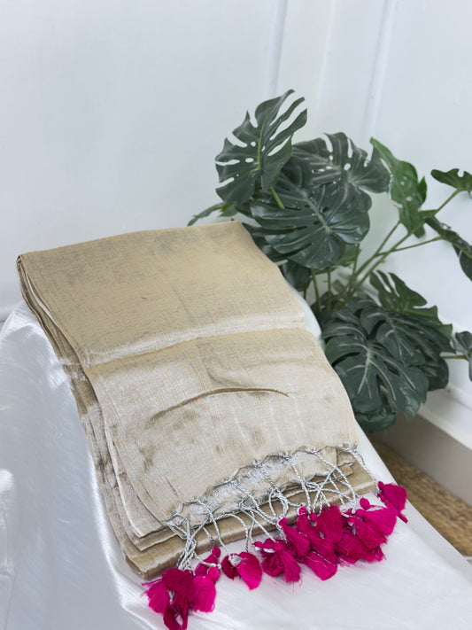 Biege Pink Tassels Khadi Tissue Saree