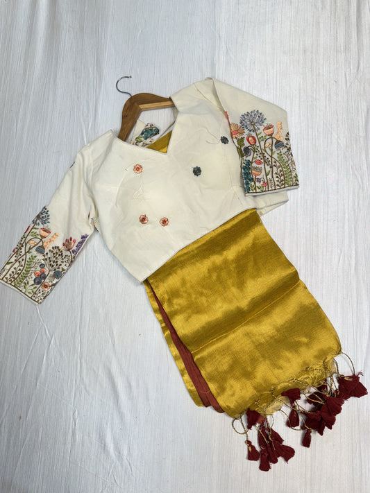 Yellow Plain Saree With Ready To Wear Blouse.
