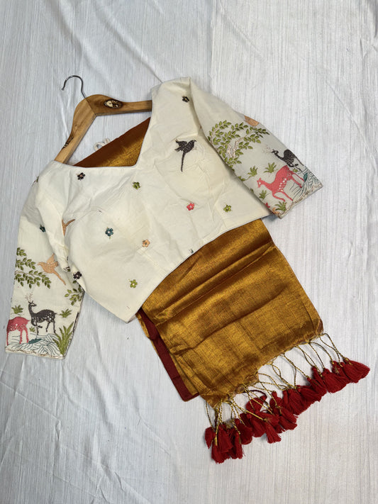 Mustard Plain Saree With Ready To Wear Blouse.
