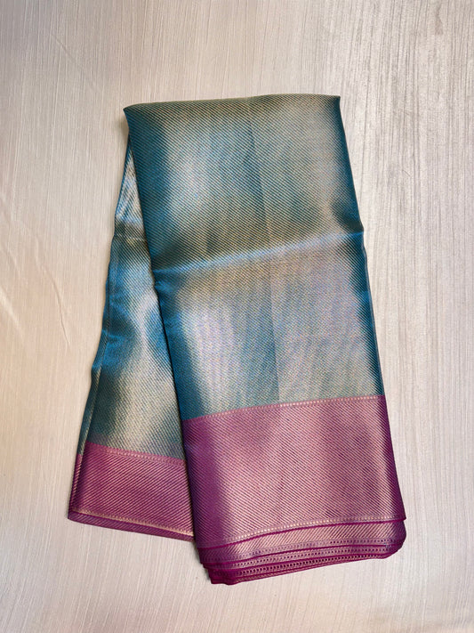 Blue with Pink bordered Tissue Saree