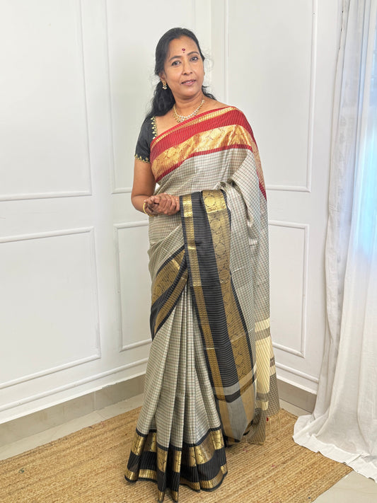 Grey Ganga Jamuna Bordered Soft Silk Saree