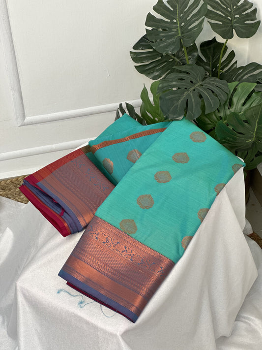 Rama Green Blue Semi Silk Saree