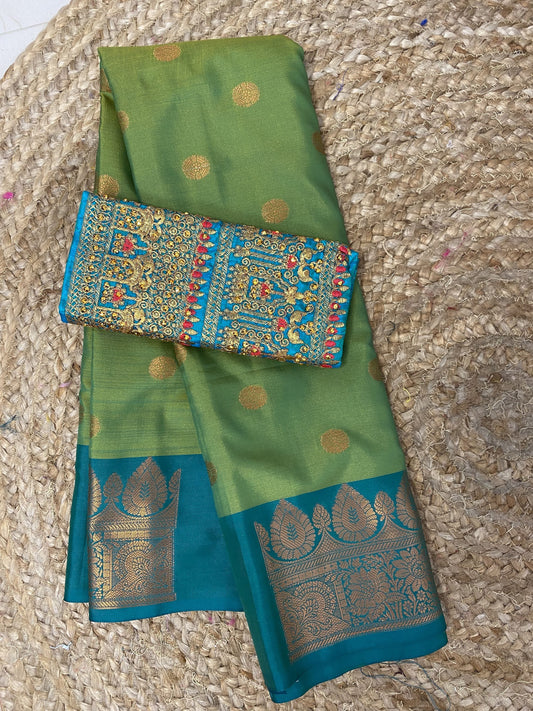 Light Green Soft Silk Saree with Work Blouse Combo