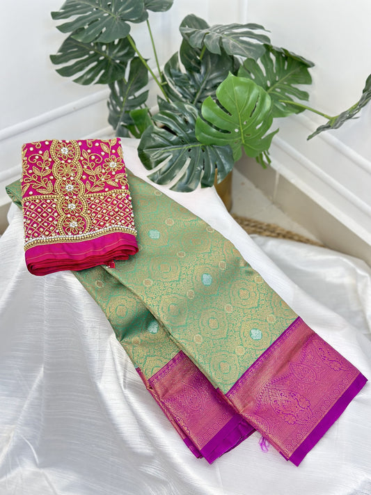 Green Purple Kanchipuram Kuttu Border Bridal Sarees With Work Blouse