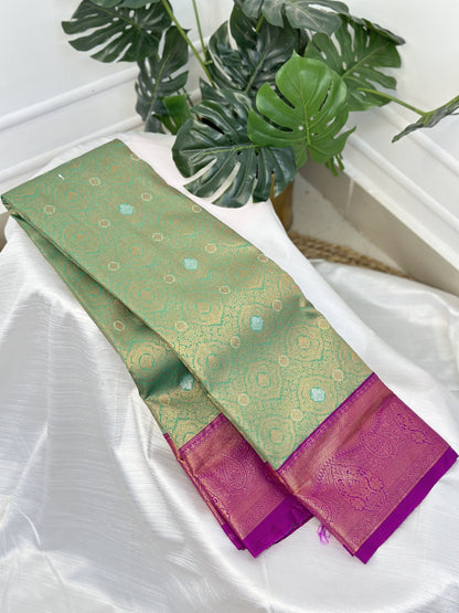 Green Purple Kanchipuram Kuttu Border Bridal Sarees With Work Blouse