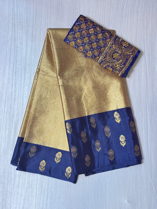 Golden Dark Blue Semi Kathan Saree With Work Blouse Combo