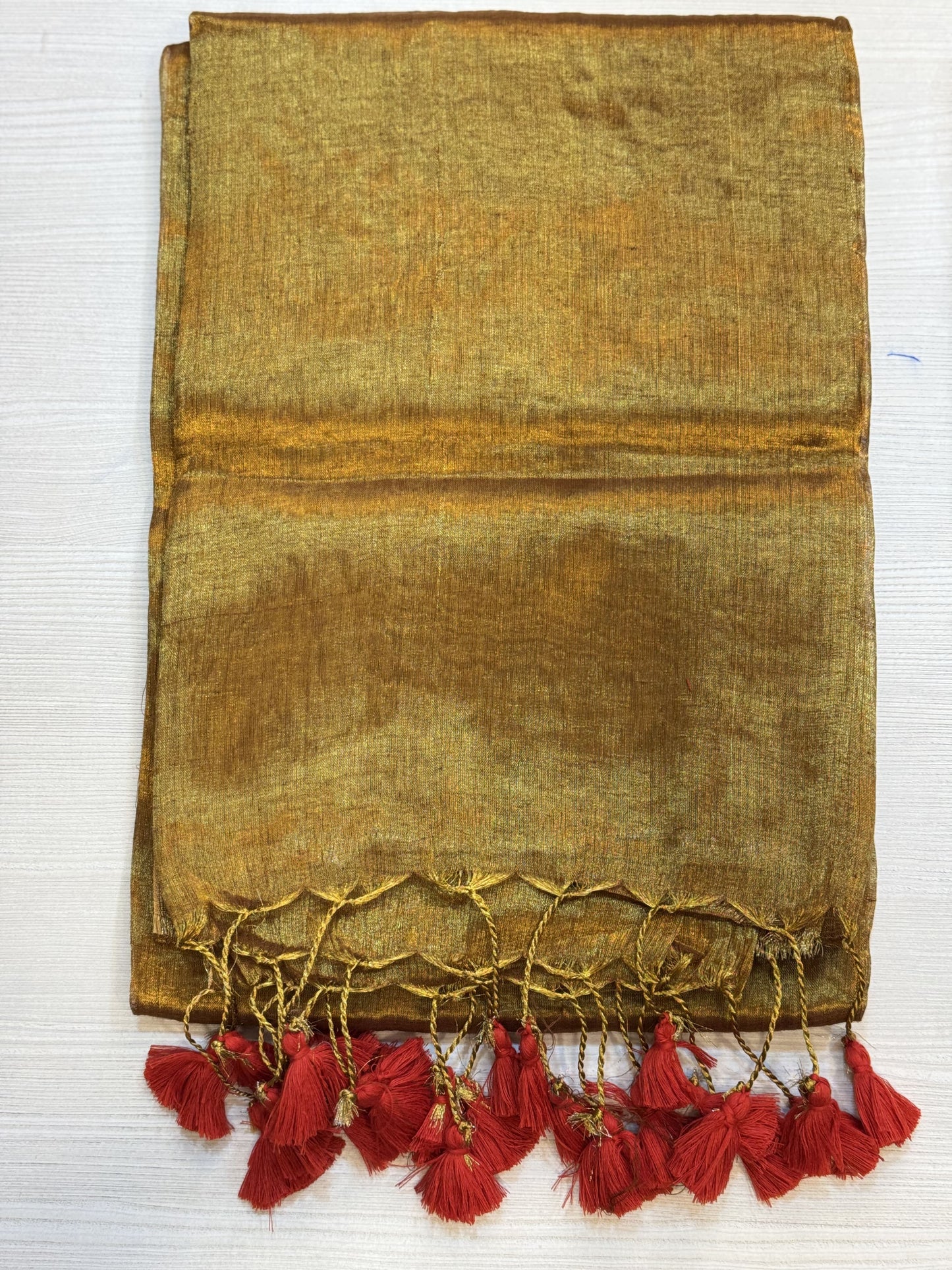 Golden Caramel Red Tassel Plain Khadi Tissue Saree