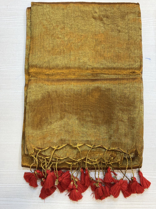 Golden Caramel Red Tassel Plain Khadi Tissue Saree