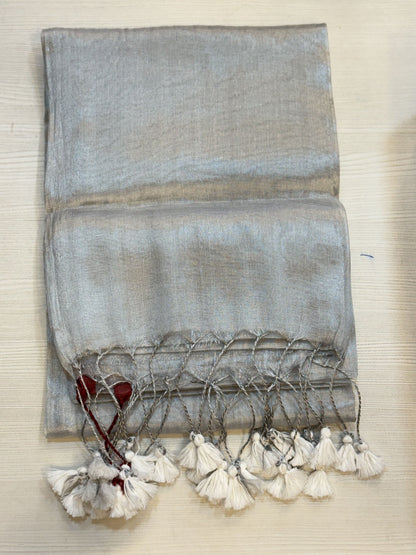 Silver with Maroon Border Plain Khadi Tissue Saree
