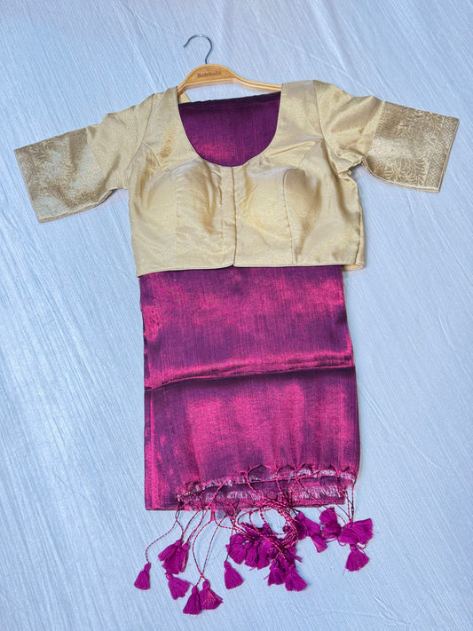 Magenta Plain Saree With Ready To Wear Blouse.