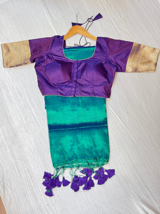 Peacock Green Plain Saree With Ready To Wear Blouse.