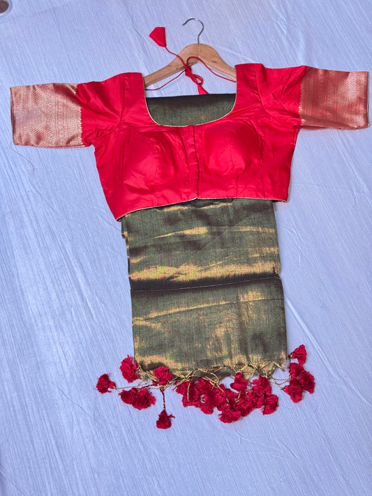 Mehendi Green Plain Saree With Ready To Wear Blouse.