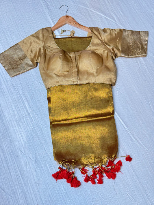 Golden Caramel Plain Saree With Ready To Wear Blouse.