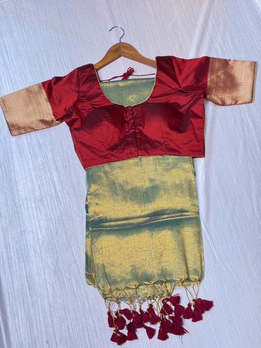 Rama Green Plain Saree With Ready To Wear Blouse.