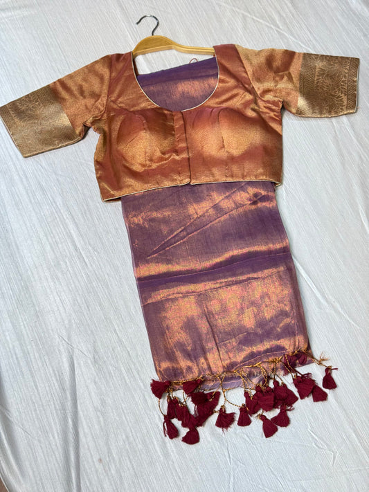 Light Purple Plain Saree With Ready To Wear Blouse.