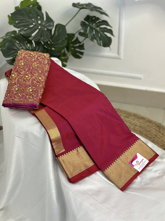 Magenta Pink Semi Silk Saree with Work Blouse Combo