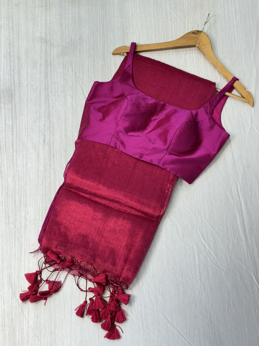 Pink Plain Tissue Saree with Sleeveless Blouse