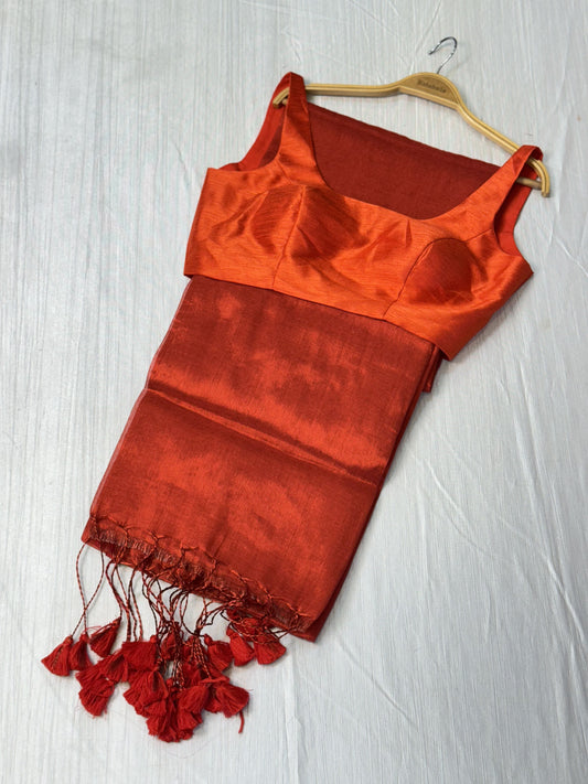 Red Plain Tissue Saree with Sleeveless Blouse