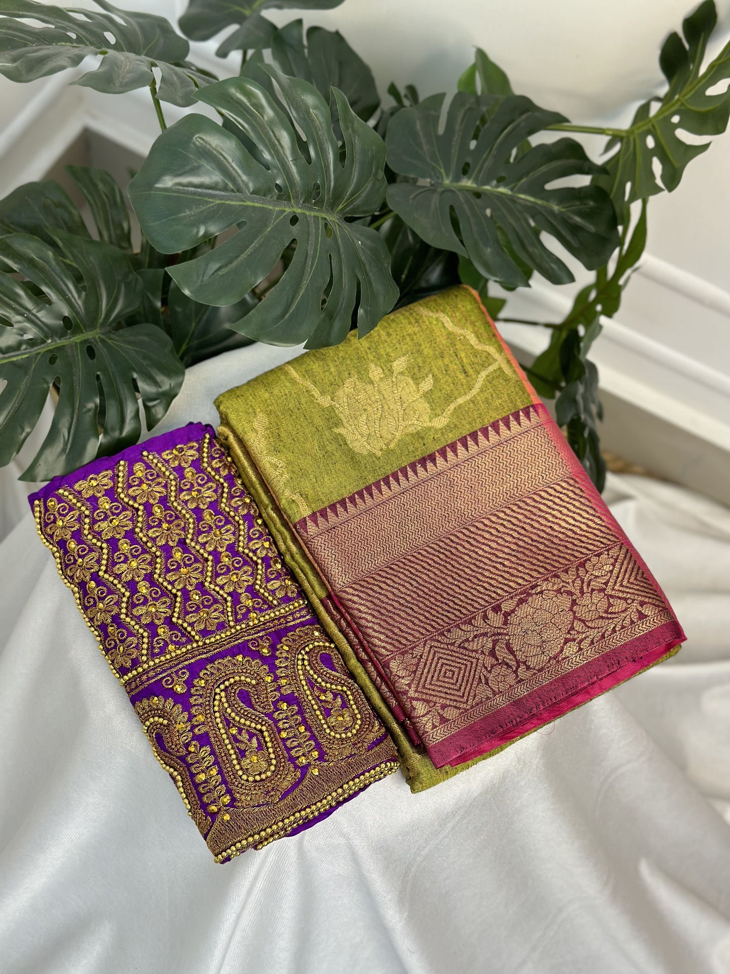 Mehendi Green Purple Kancheepuram Kathan Silk Saree with work blouse