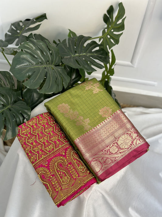 Green Pink Soft Silk Saree with Work Blouse Combo