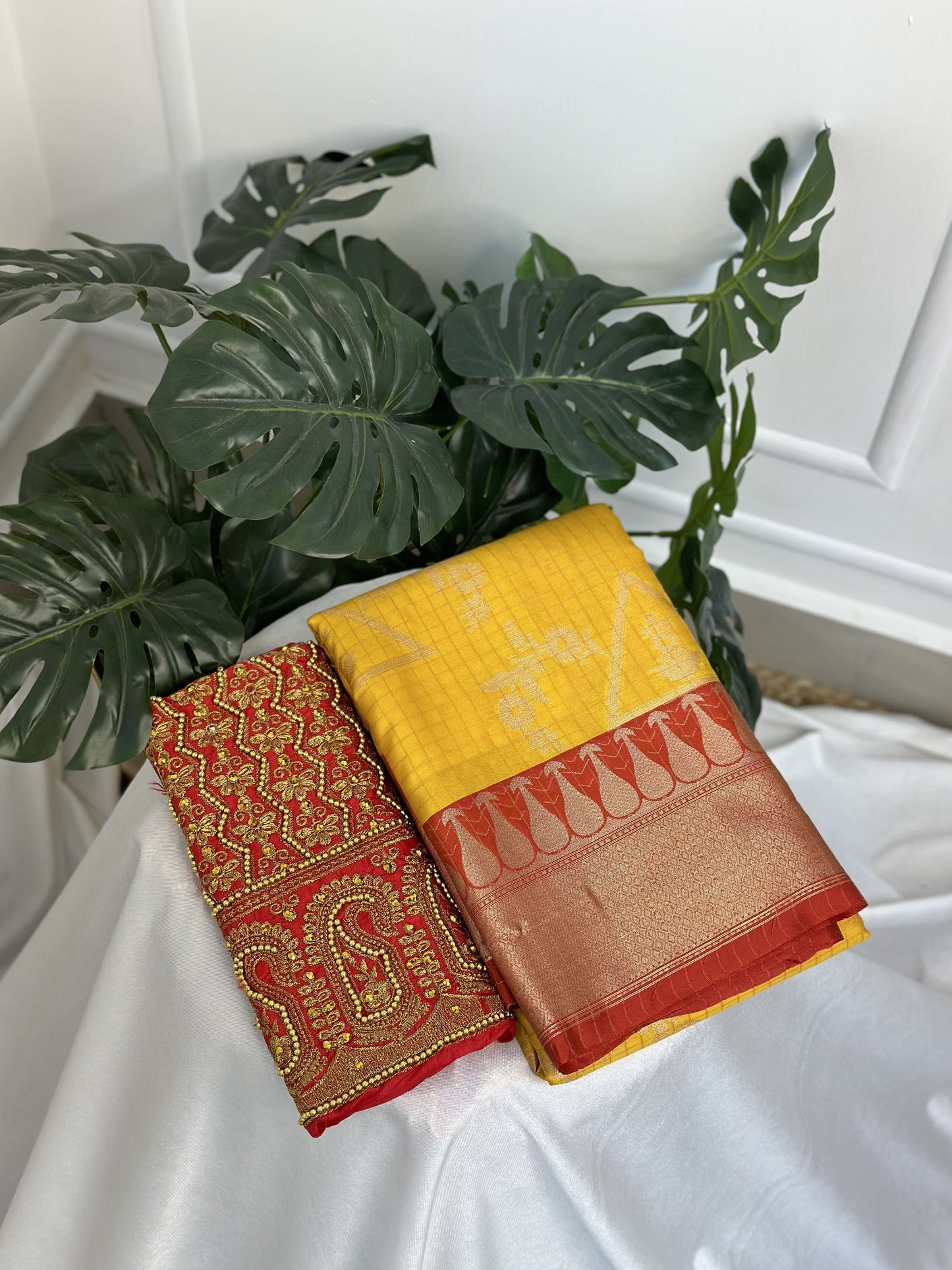 Yellow Red Soft Silk Saree with Work Blouse Combo