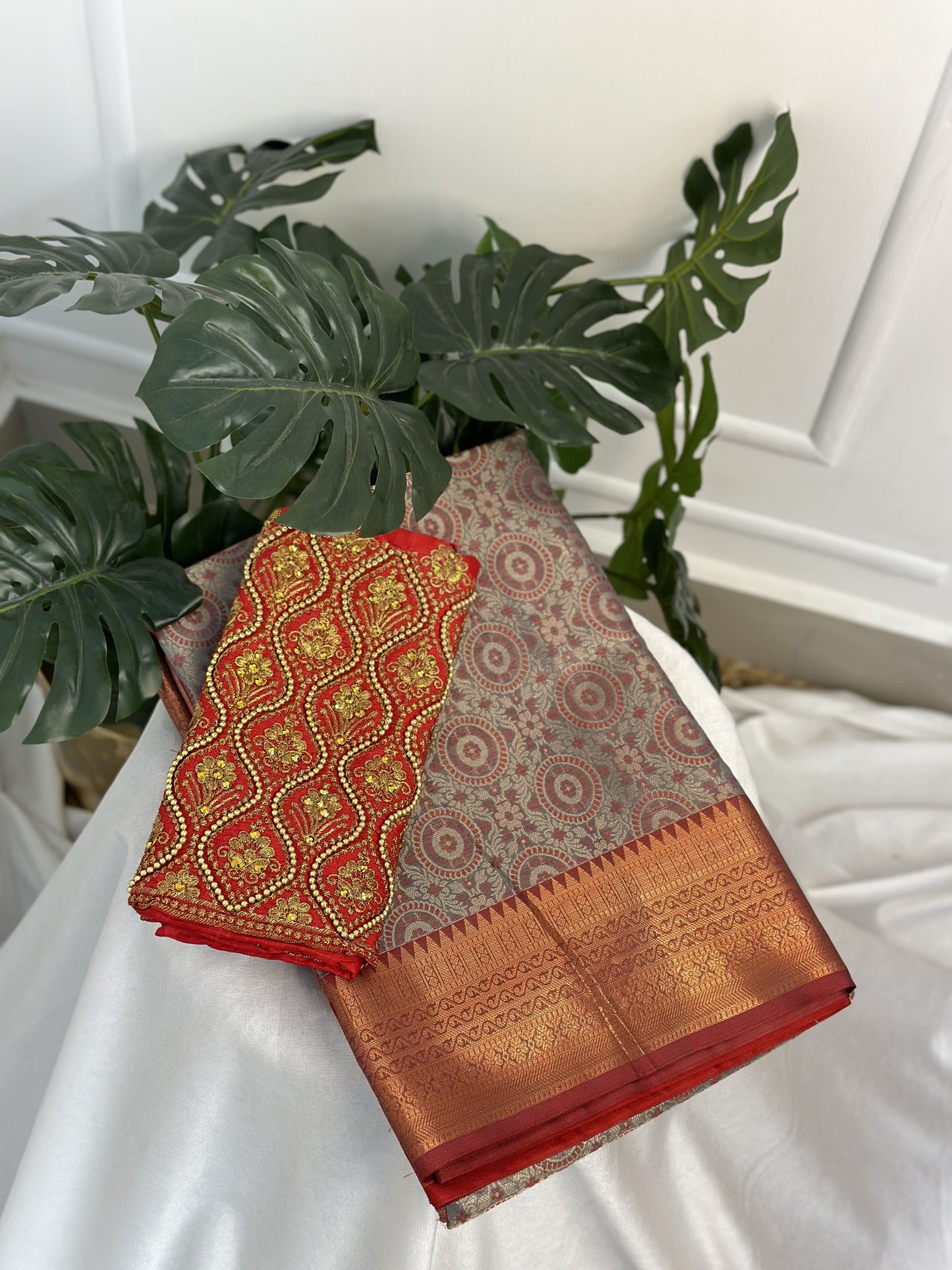 Grey Red Semi Kathan Silk Saree with Work Blouse Combo