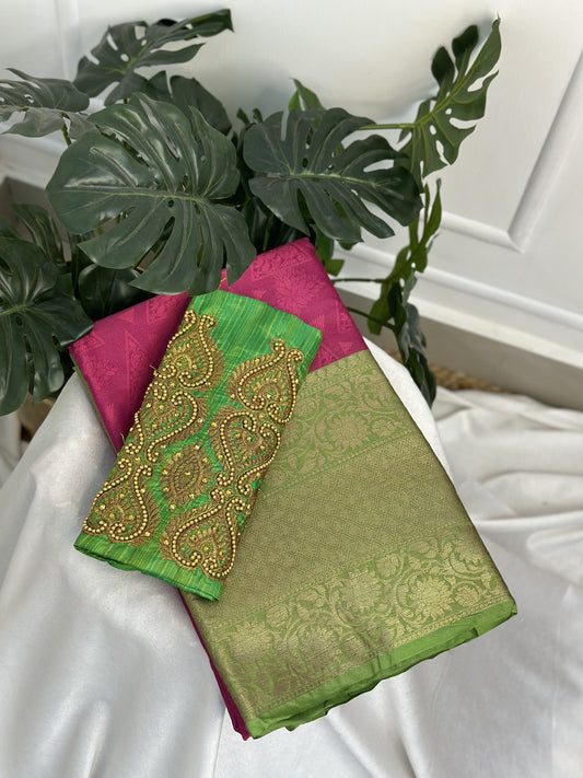 Pink Light Green Big Border Kora Muslin Saree with Work blouse combo