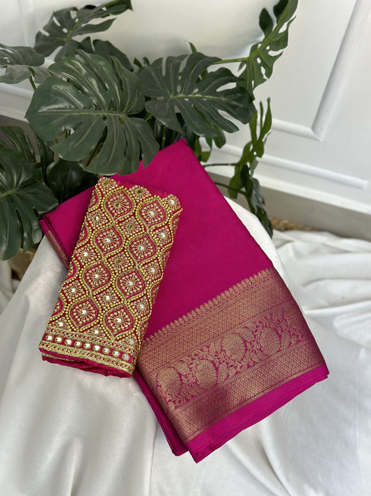 Pink Warm Silk Saree with work blouse combo