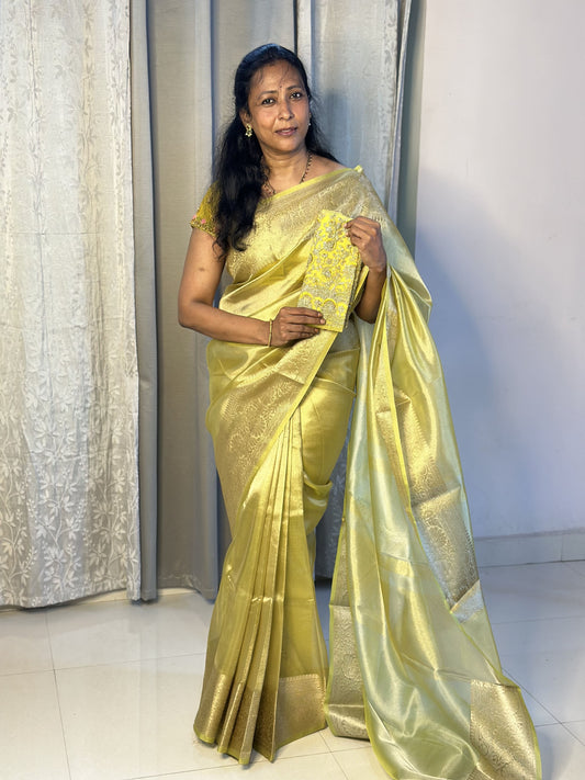 Lime Yellow Plain Tissue Saree with Work Blouse Combo
