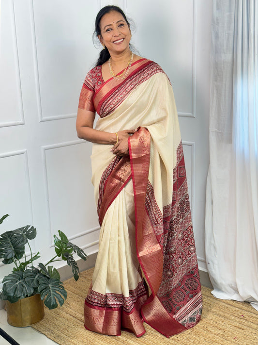 HALFWHITE MAROON TISSUE SAREE.